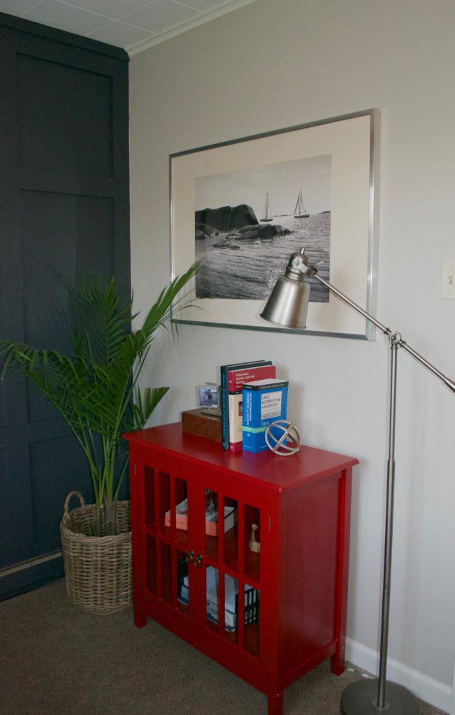 Sara Langley Designs |gray office interior, red console