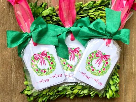 pink and green Christmas gift tags