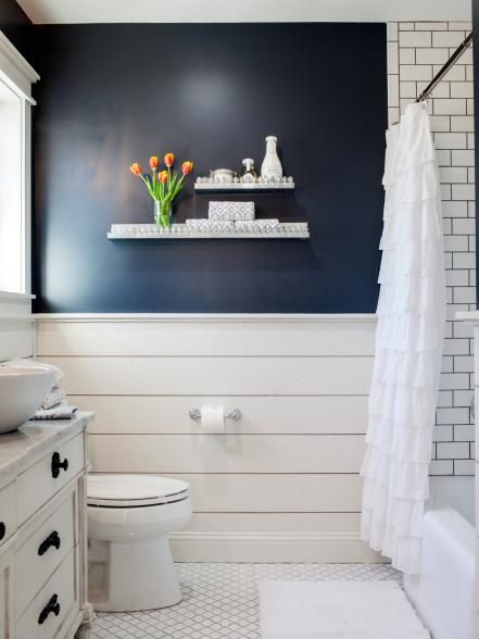 shiplap below chair rail bathroom